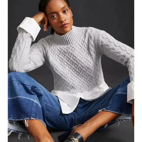 Maeve Anthropologie NWOT Gray Cable-Knit Layered Crewneck Overlay Button Sweater - Picture 2 of 9